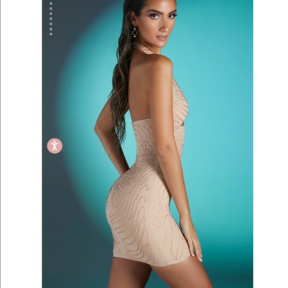 Oh Polly TOULOUSE Embellished Twist Neck Mini Dress in Sand - Picture 3 of 9